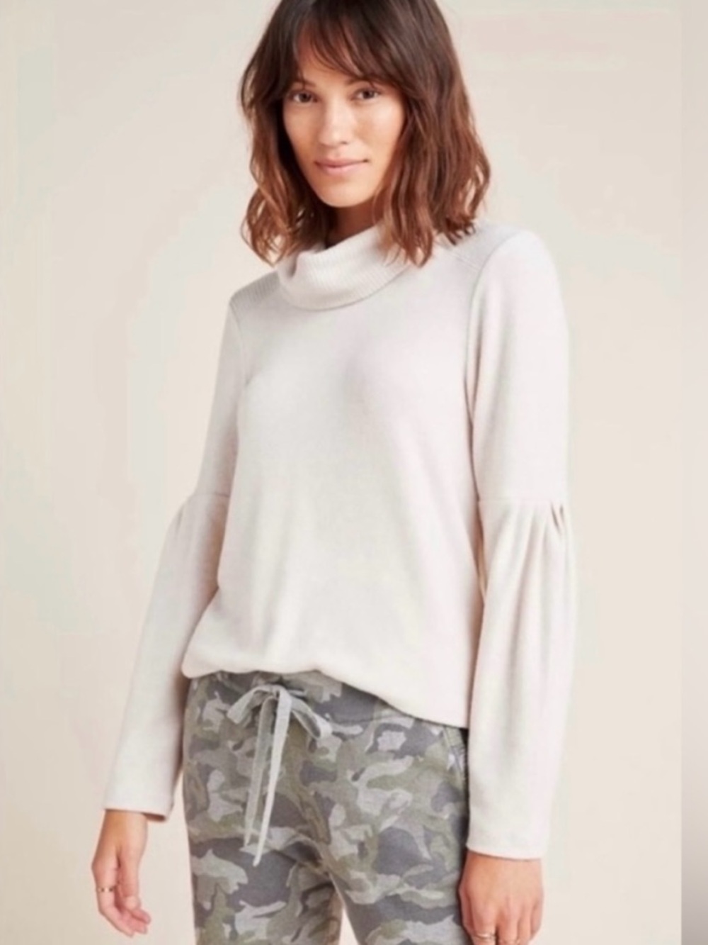Anthropologie Light Pink Turtleneck Balloon-Sleeve Top